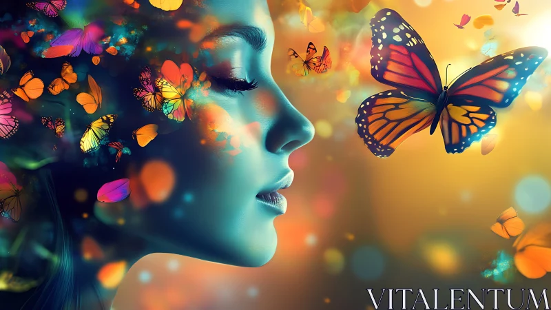 Chromatic female profile with bokeh-lit butterflies in dynamic depth