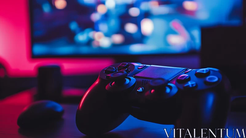 Game controller glows under neon blue and magenta light.