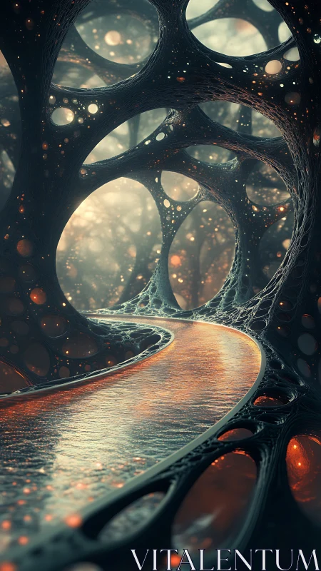 Bioluminescent fluid corridor through porous fractal lattice.