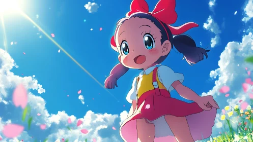 Cheerful girl strides through sunlit spring meadow sky