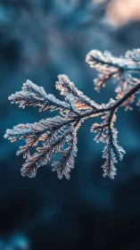Frosted conifer twig captured in shallow-depth macro focus