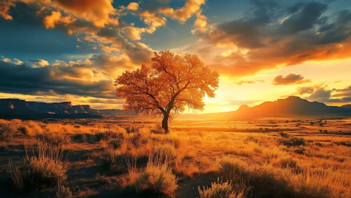 Solitary desert tree glows under dramatic sunset sky