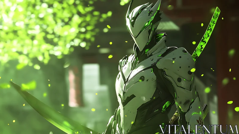 Leaflit cyber ninja poised in luminous emerald stillness.