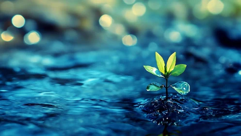 Young green plant emerging from reflective blue water surface.
