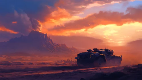 Armored truck crossing volcanic desert at blazing sunset.