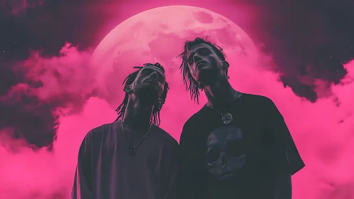 Neon moon silhouettes with dark streetwear under pink sky.