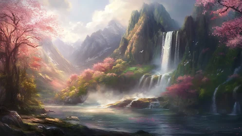 Verdant alpine gorge with cascading waterfalls and sakura bloom
