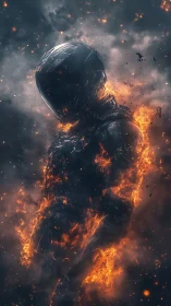 Futuristic armored figure engulfed in controlled flames.