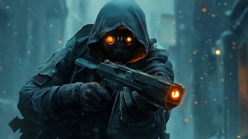 Hooded cybernetic sniper aims glowing rifle in snowstorm.