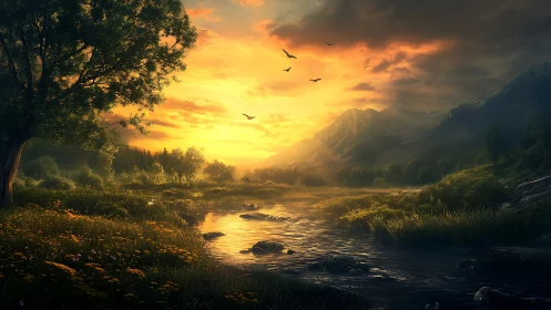 Sunlit river valley under blazing cinematic sunset sky.