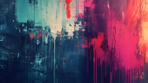 Bold abstract wall art with vivid blue and magenta paint drips.
