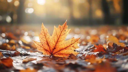 Golden maple leaf on wet autumn ground at sunrise.