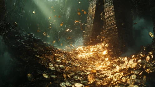 Torrent of enchanted gold crashes through the ruined vault