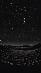 Crescent moon over stylized hills beneath dense star field.