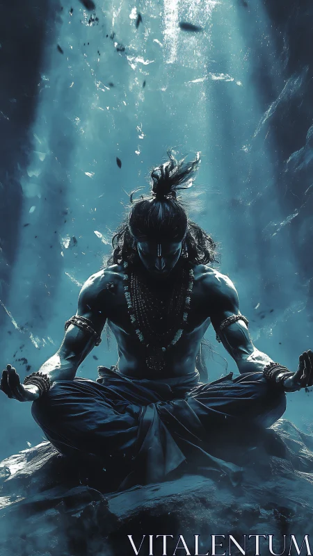 Mythic ascetic meditates within icy celestial light shaft