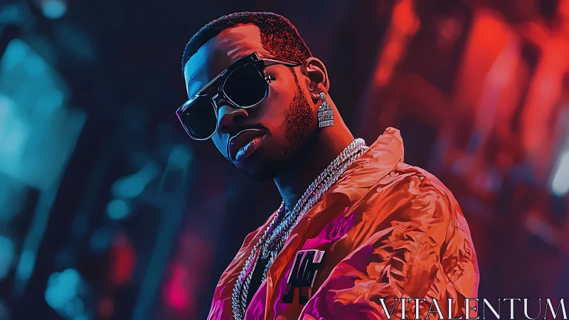 Digital portrait of man in sunglasses with neon backdrop.