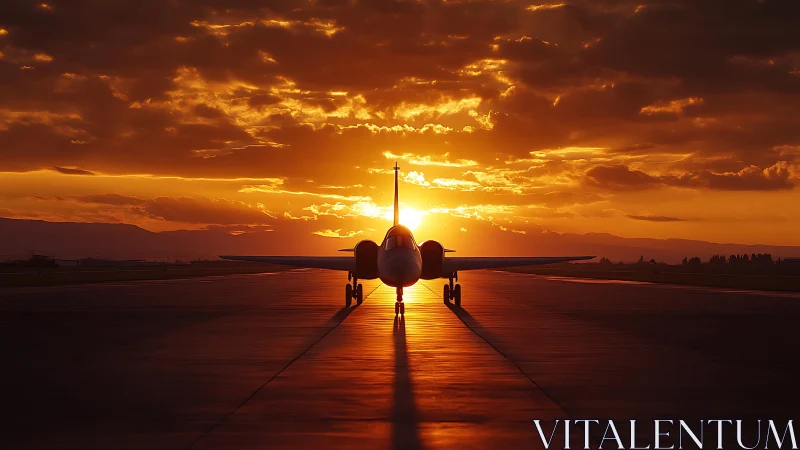 Jet silhouette kissing a molten horizon of blazing dusk light.