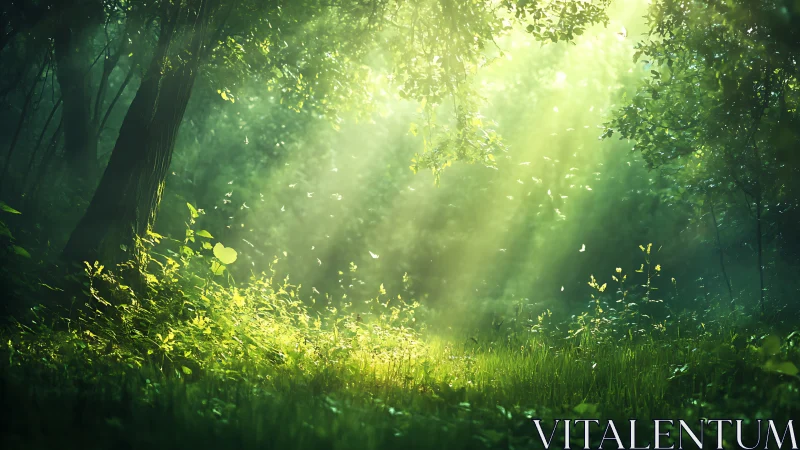 Sunlit Forest Glade with Lush Greenery in Dreamy Morning Light.