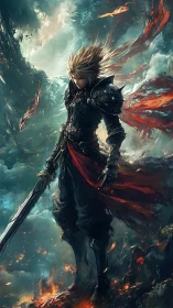 Stormlit fantasy warrior standing strong in swirling skies.