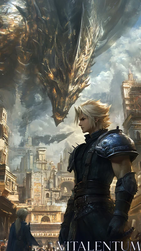 Skyborne dragon looms above lone warrior in stormlit citadel.