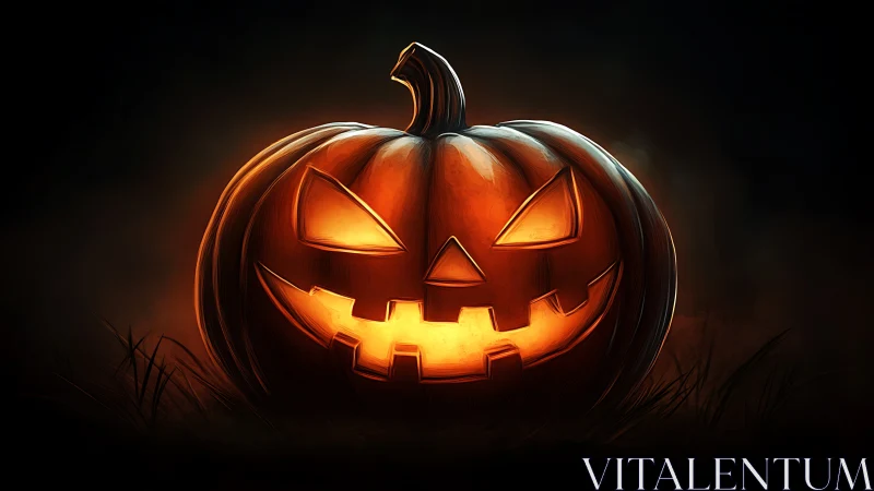 Glowing jack o lantern smiles warmly in the Halloween night