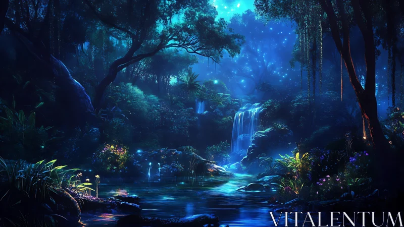Enchanted Bioluminescent Forest with Magical Waterfall