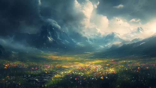 Mountain valley meadow under shifting storm and sunlight.