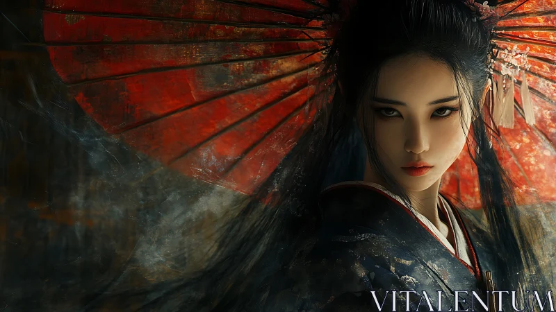 Woman in kimono stands before textured red umbrella background