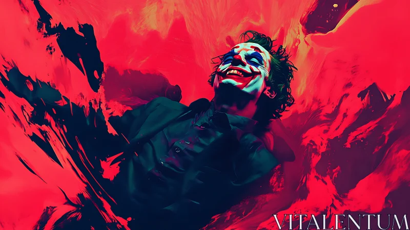 Laughing figure drifts through bold red painted chaos.