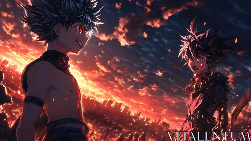 Two anime boys face off over burning red sunset cityscape.