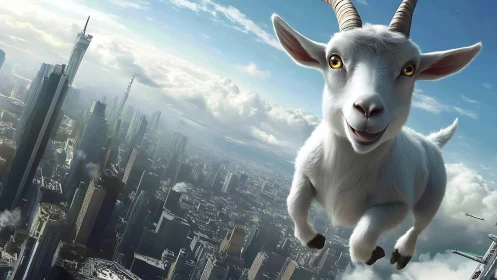 Gigantic white goat soaring above dense futuristic megacity