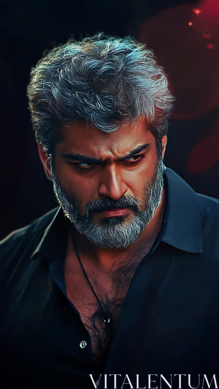 Brooding silver haired man gazes downward in rich contrast