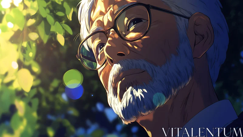 Anime portrait of elderly man in dappled forest lighting study.