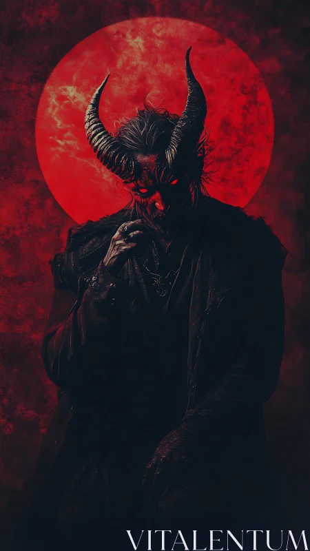 Horned humanoid silhouette before red lunar backdrop.