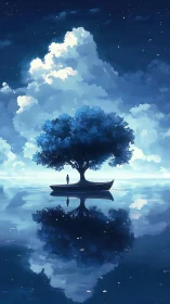 Digital painting of lone boat and tree on mirrored night lake.