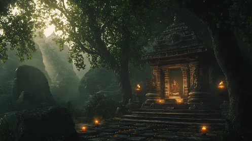 Jungle stone shrine at dusk with illuminated seated statue