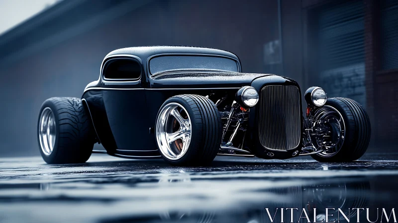 Custom black hot rod coupe with wide tires on wet street.