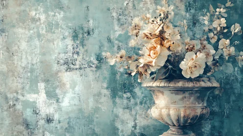 Soft vintage blooms in a weathered vase against teal dream.