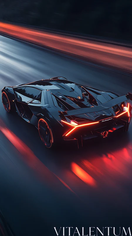 Futuristic black sports car on wet highway at night.