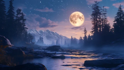 Full moon illuminates alpine river with cinematic twilight lighting