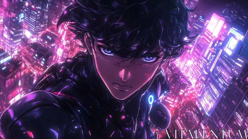 Cybernetic anime figure above dense neon cityscape at night.