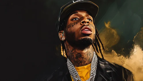 Tattooed hip-hop portrait with dynamic painted lighting.