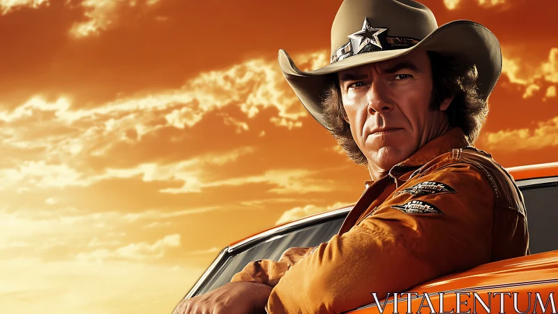 Cowboy driver leans from car against stylized orange sunset sky