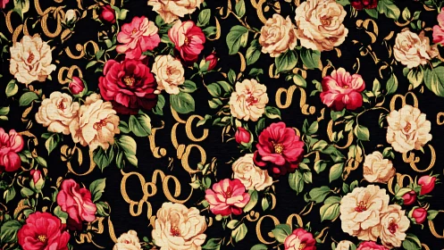 Floral textile surface with roses and looping gold accents.