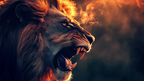 Rendered lion profile displays open mouth and visible fangs