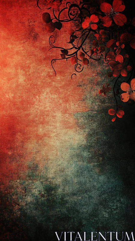 Red floral vines curve over textured red and teal gradient