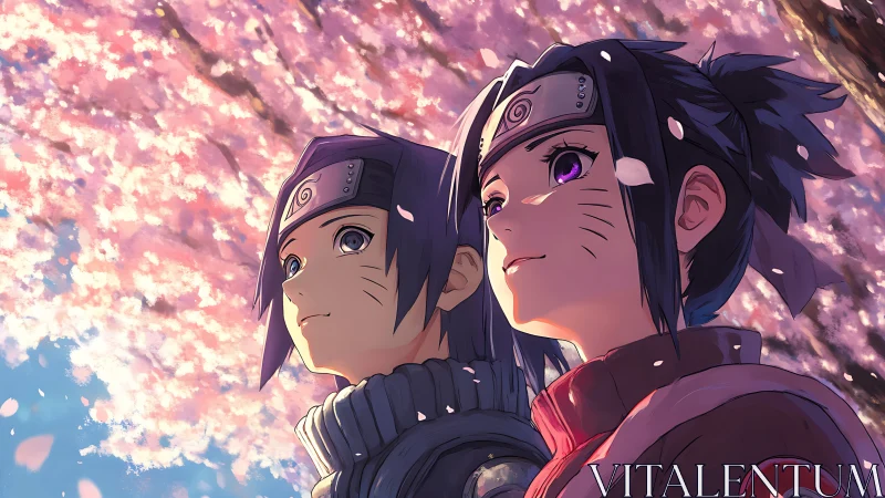 Anime duo under luminous sakura canopy in warm rim lighting