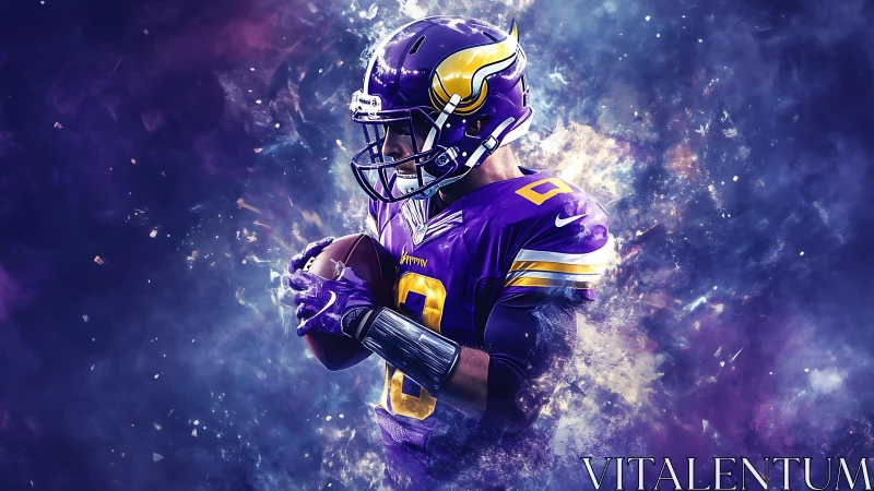 Galactic gridiron warrior cradling destiny in purple storm.