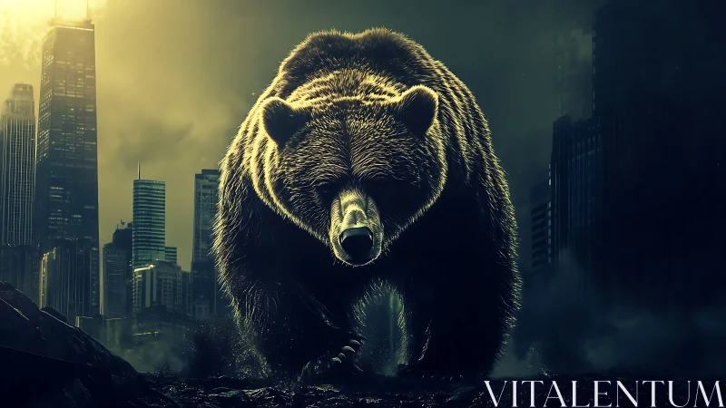 Urban titan bear strides through smog lit by neon dusk