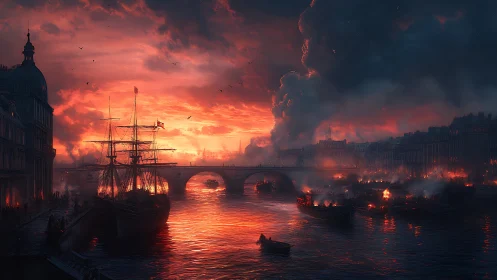 Fiery harbor sunset bathes historic city in glowing light
